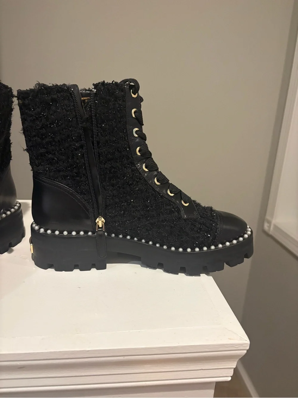 Kate Spade Black Women's Lace-Up Pearl-Trim Combat Boot
